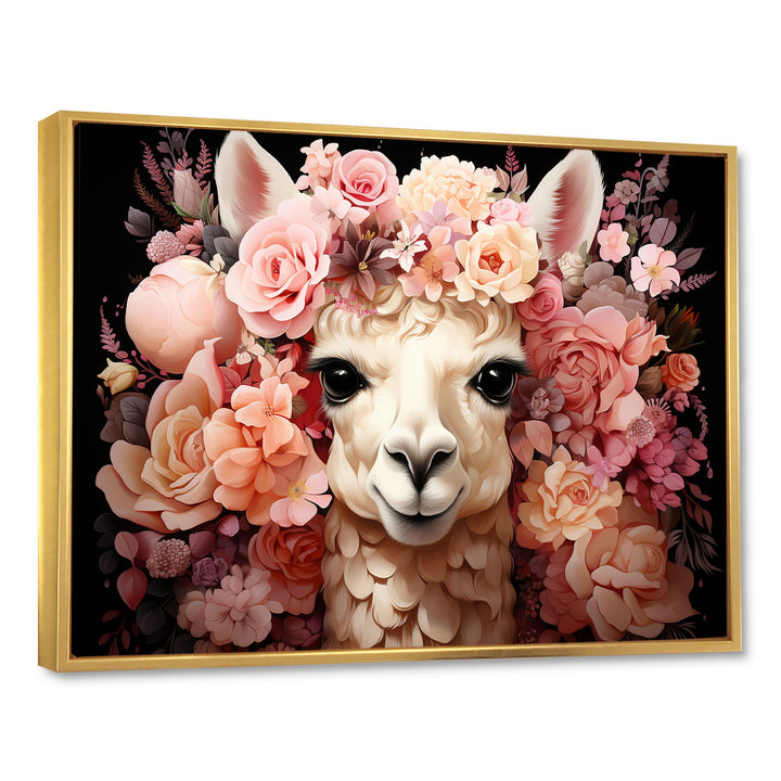 Pink flower crown Alpaca Portrait - Alpaca Large Canvas Wall Art