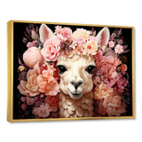 Pink flower crown Alpaca Portrait - Alpaca Large Canvas Wall Art