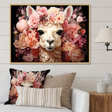 Pink flower crown Alpaca Portrait - Alpaca Large Canvas Wall Art
