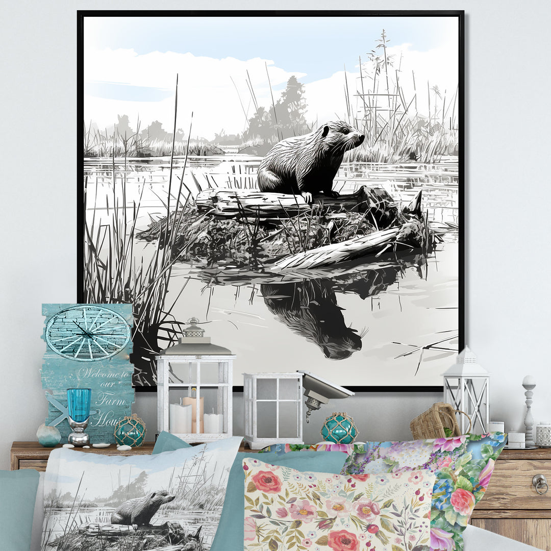 Grey Beaver lake bliss - Nursery Teddy Bear Framed Canvas Art
