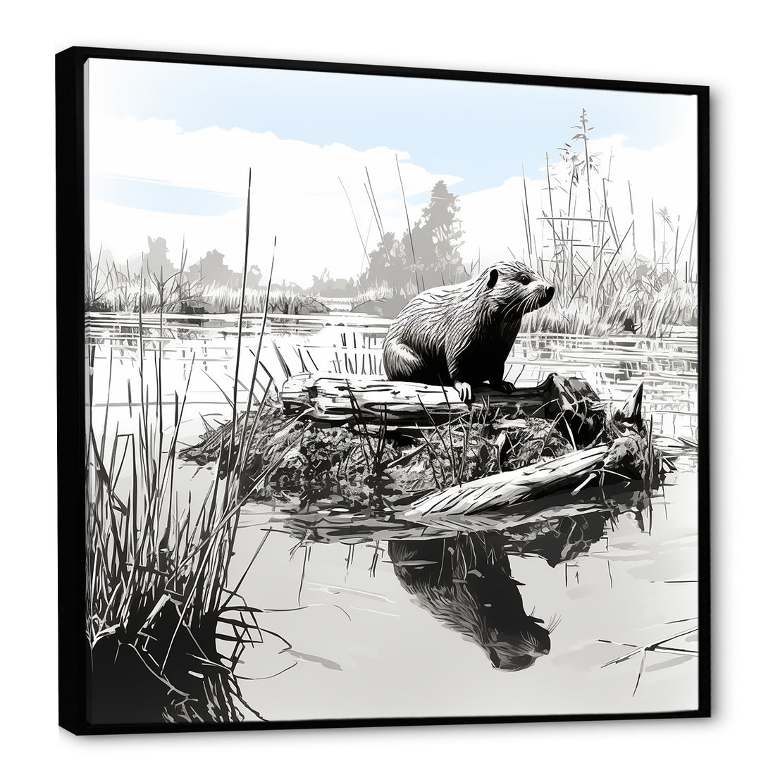 Grey Beaver lake bliss - Nursery Teddy Bear Framed Canvas Art