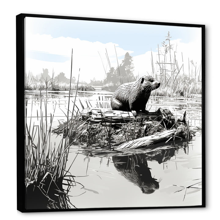 Grey Beaver lake bliss - Nursery Teddy Bear Framed Canvas Art