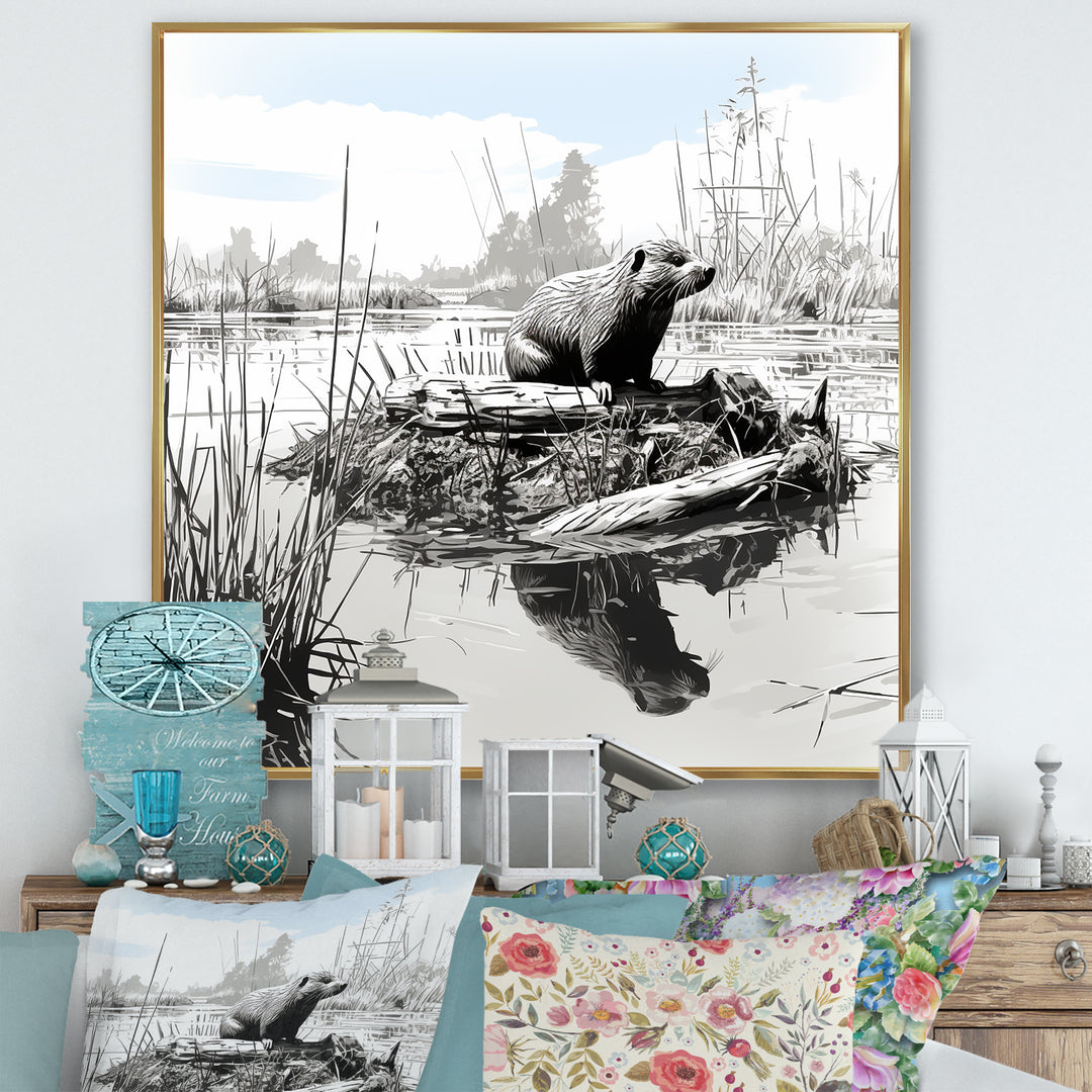 Grey Beaver lake bliss - Nursery Teddy Bear Framed Canvas Art