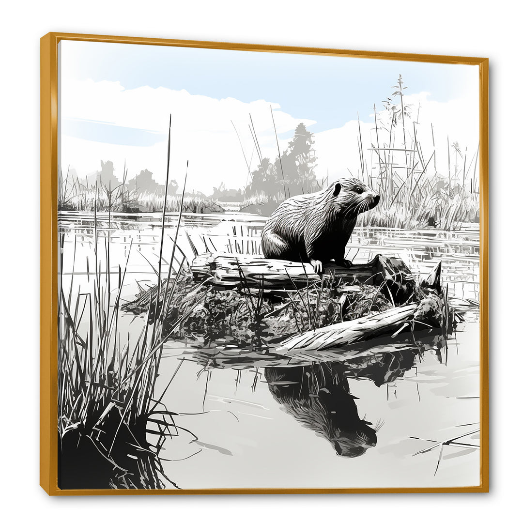 Grey Beaver lake bliss - Nursery Teddy Bear Framed Canvas Art