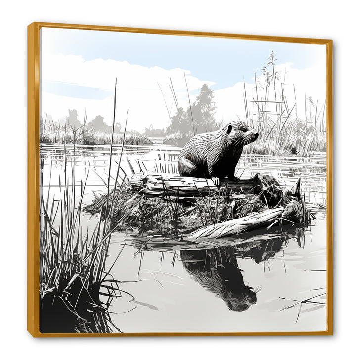 Grey Beaver lake bliss - Nursery Teddy Bear Framed Canvas Art