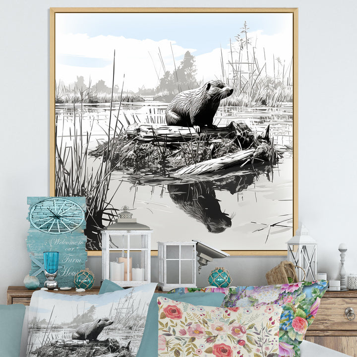 Grey Beaver lake bliss - Nursery Teddy Bear Framed Canvas Art