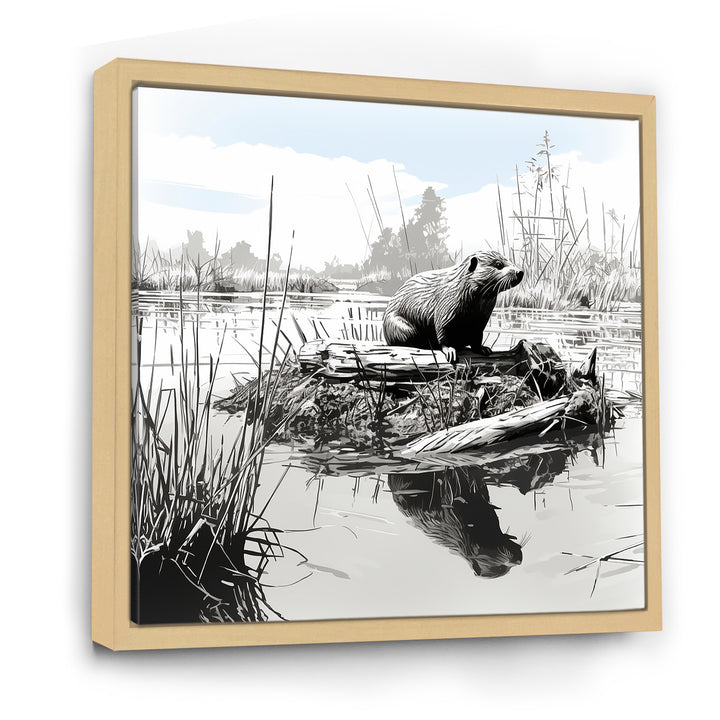 Grey Beaver lake bliss - Nursery Teddy Bear Framed Canvas Art