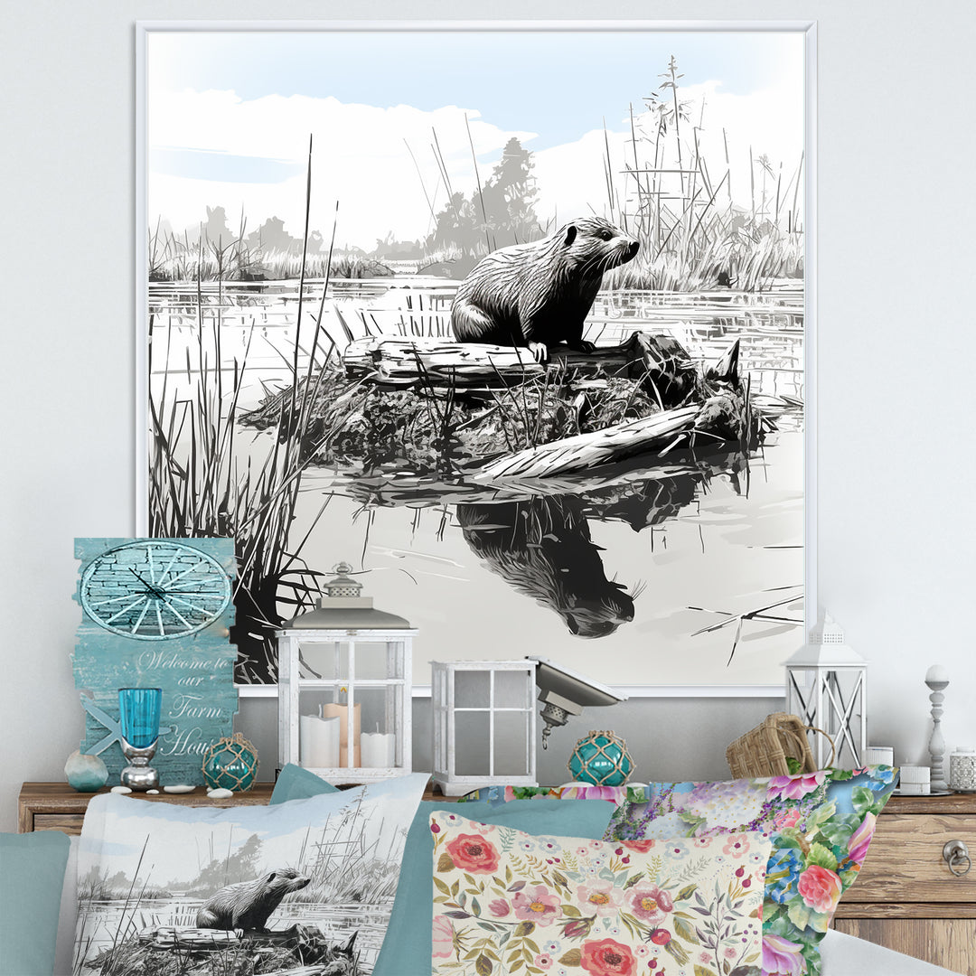 Grey Beaver lake bliss - Nursery Teddy Bear Framed Canvas Art