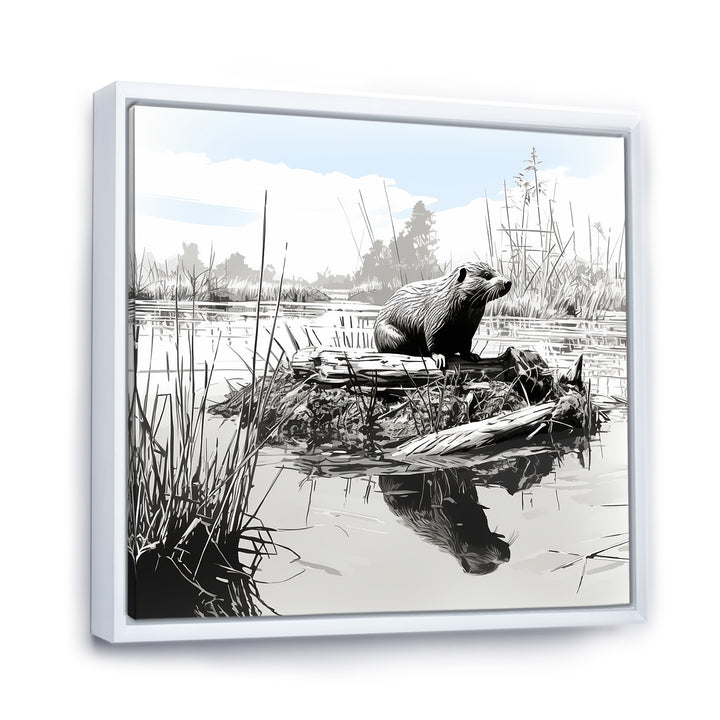 Grey Beaver lake bliss - Nursery Teddy Bear Framed Canvas Art