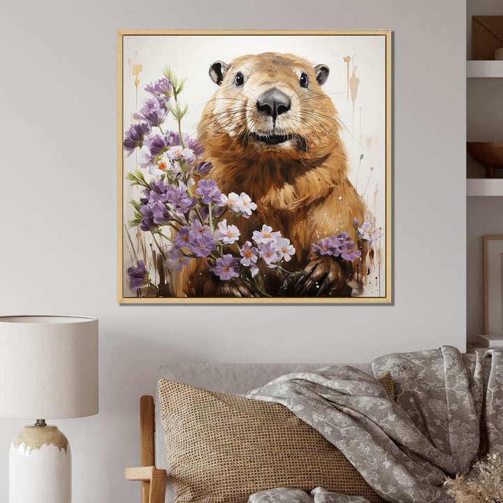 Brown Tranquil Wetland Beaver blooms - Nursery Teddy Bear Bedroom Wall Art