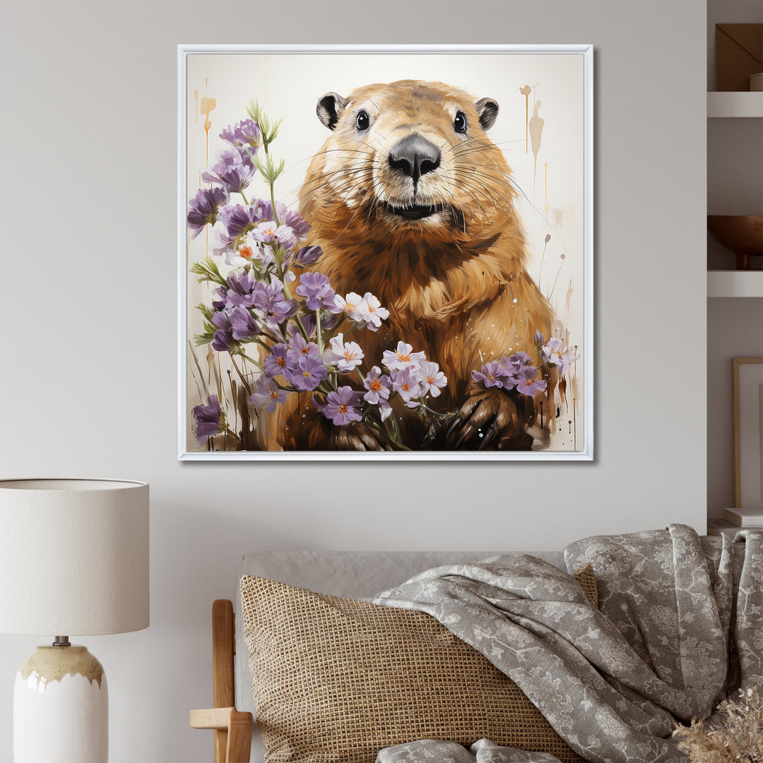 Brown Tranquil Wetland Beaver blooms - Nursery Teddy Bear Bedroom Wall Art