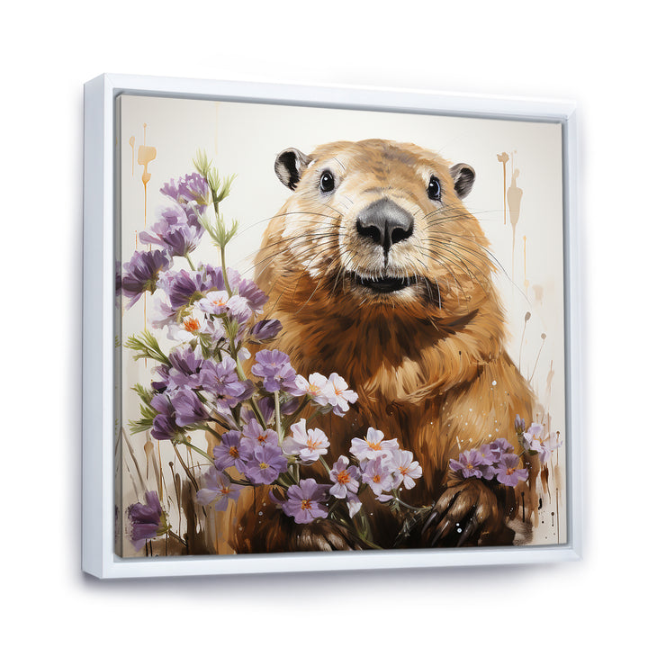 Brown Tranquil Wetland Beaver blooms - Nursery Teddy Bear Bedroom Wall Art