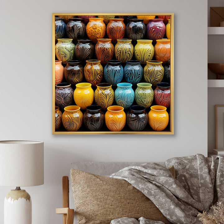 Yellow Boho Pottery Decor - Nursery Teddy Bear Framed Canvas Art