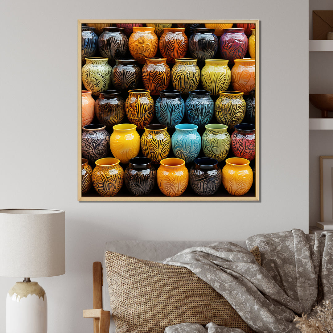 Yellow Boho Pottery Decor - Nursery Teddy Bear Framed Canvas Art