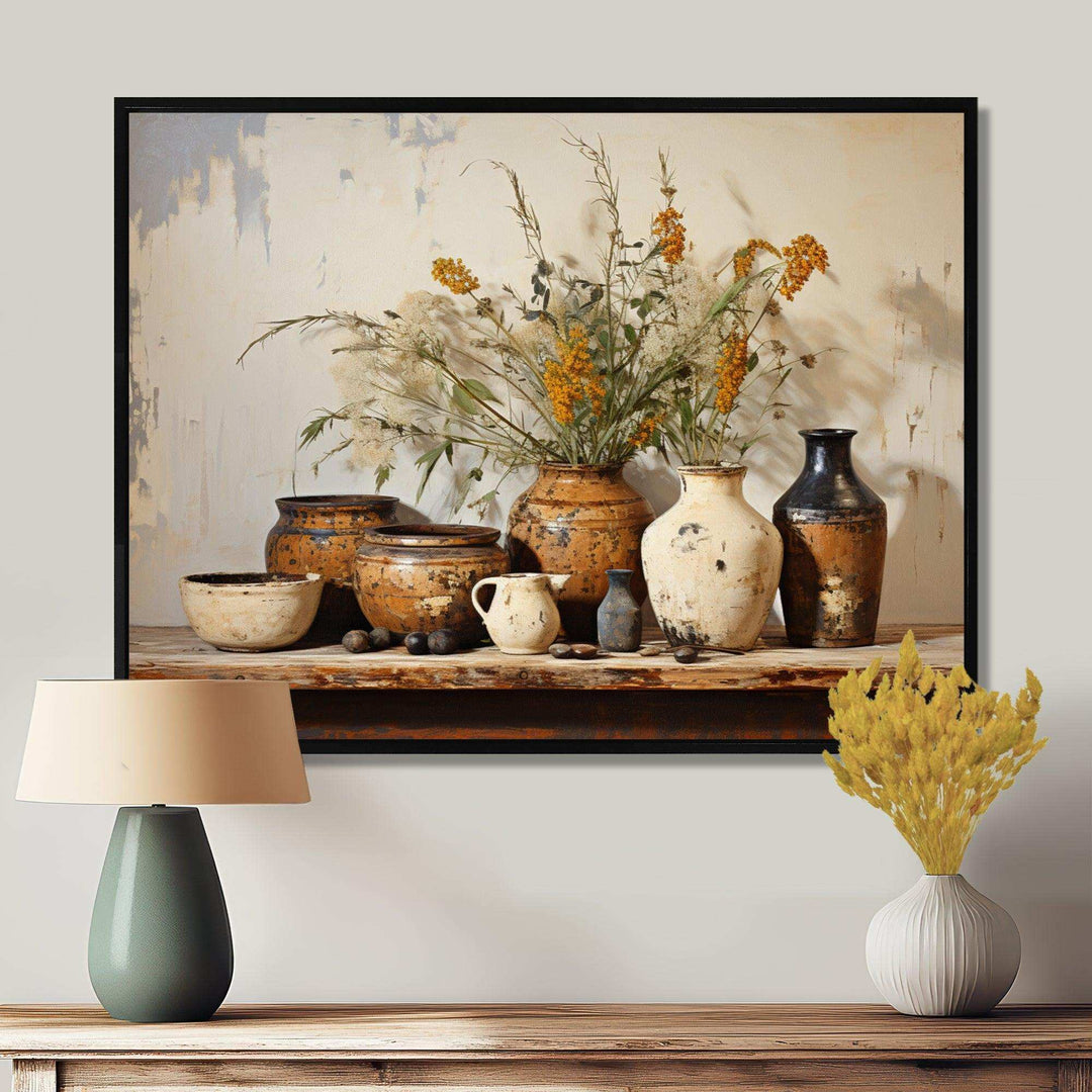 Brown floral Vintage Pottery Artifacts - Geometric Canvas Wall Art