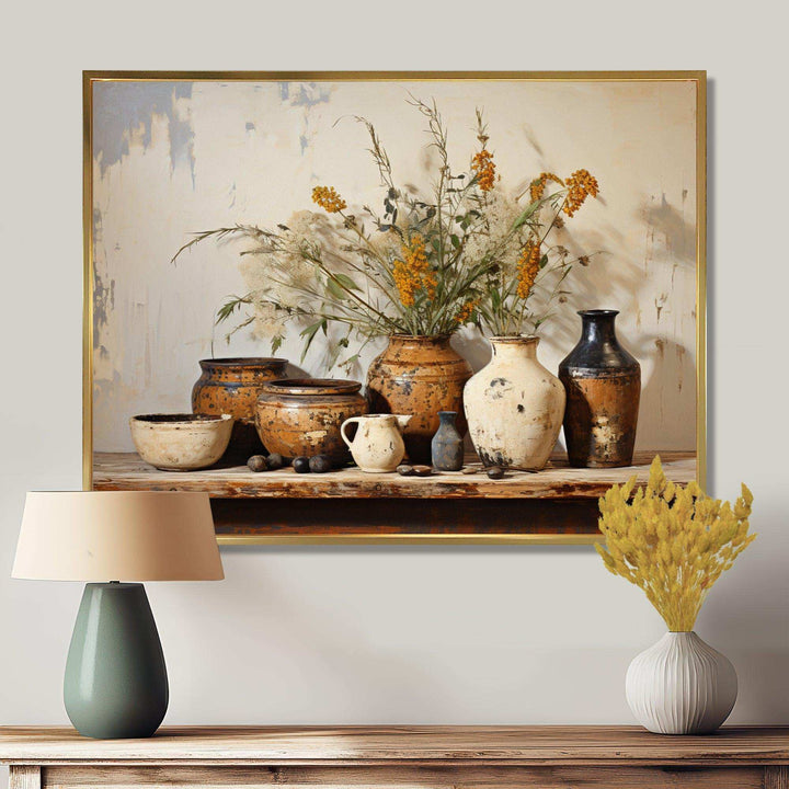 Brown floral Vintage Pottery Artifacts - Geometric Canvas Wall Art