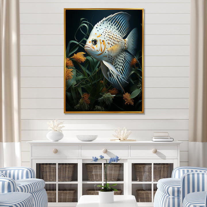 White Classical Butterfly fish Symphony - Butterfly Fish Framed Canvas Art