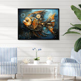 Yellow Cubist fish blue collage - Butterfly Fish Large Canvas Wall Art