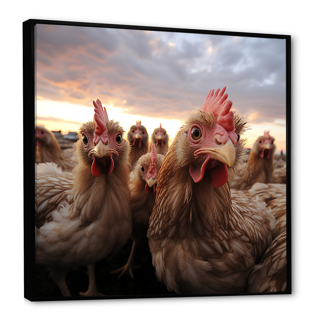 Red Chicken family at sunset - Chicken Wall Art Prints