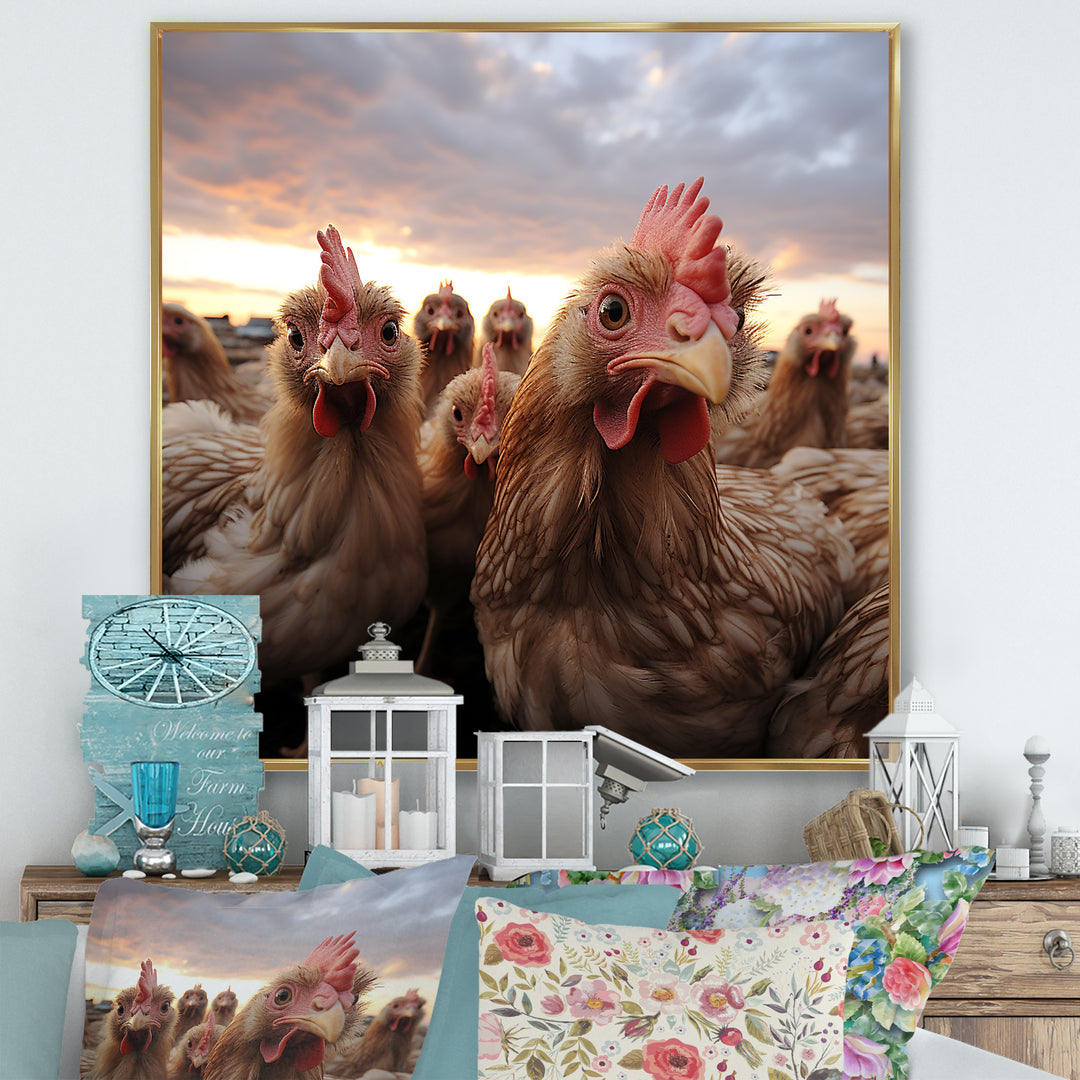 Red Chicken family at sunset - Chicken Wall Art Prints