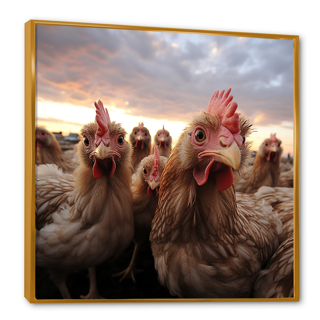 Red Chicken family at sunset - Chicken Wall Art Prints