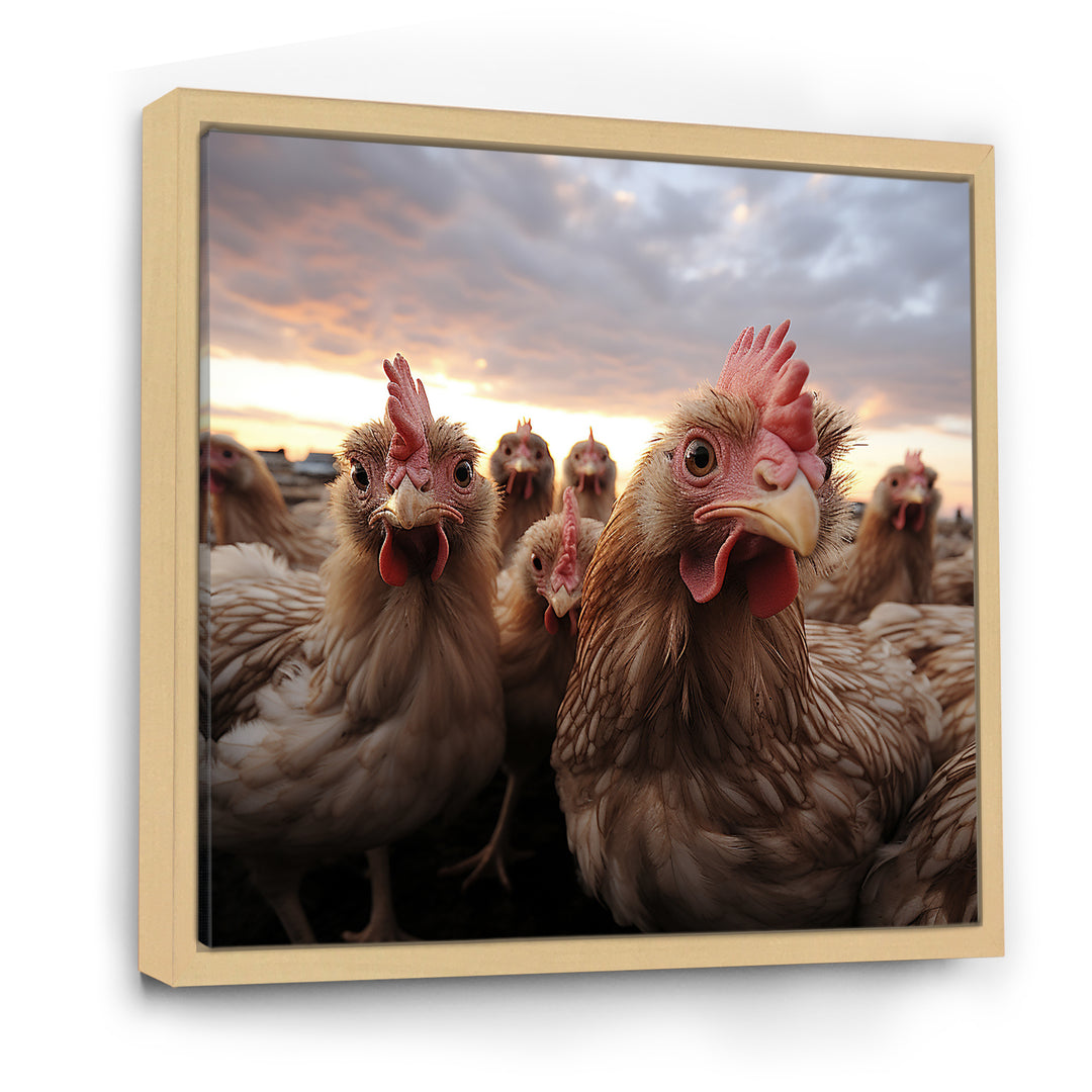 Red Chicken family at sunset - Chicken Wall Art Prints