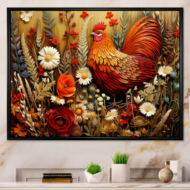 Country Quill floral Rooster - Red Chicken Wall Art