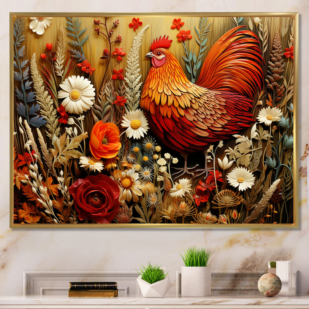 Country Quill floral Rooster - Red Chicken Wall Art