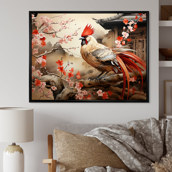 Japan beige and red Rooster - Rooster Living Room Wall Art