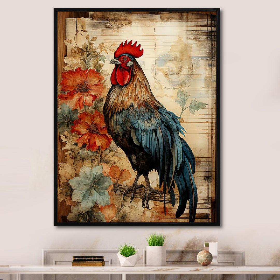 Vintage rooster Pastoral Peck - Red Chicken Wall Art