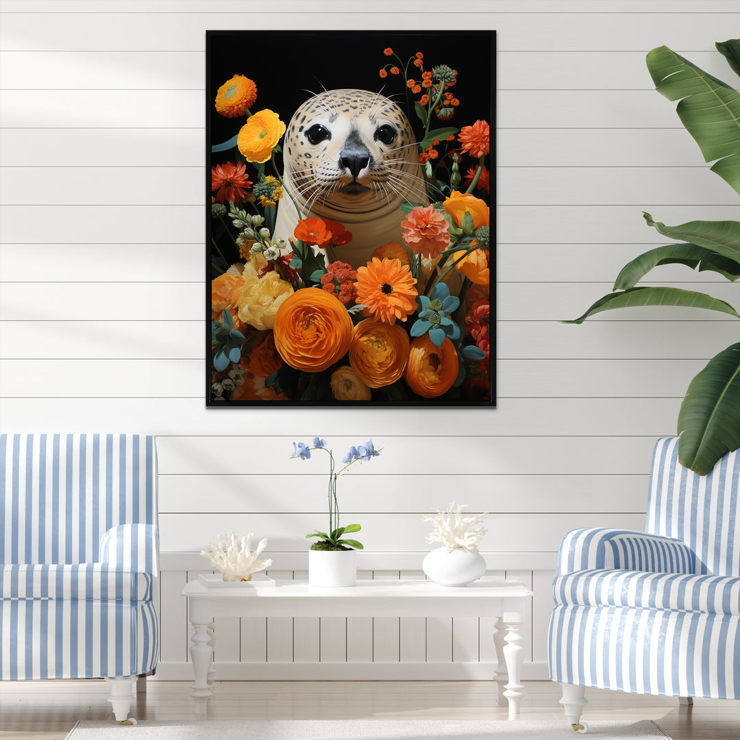 Colorful floral Harbor Seal blooms - Coastal Animal Wall Art Prints