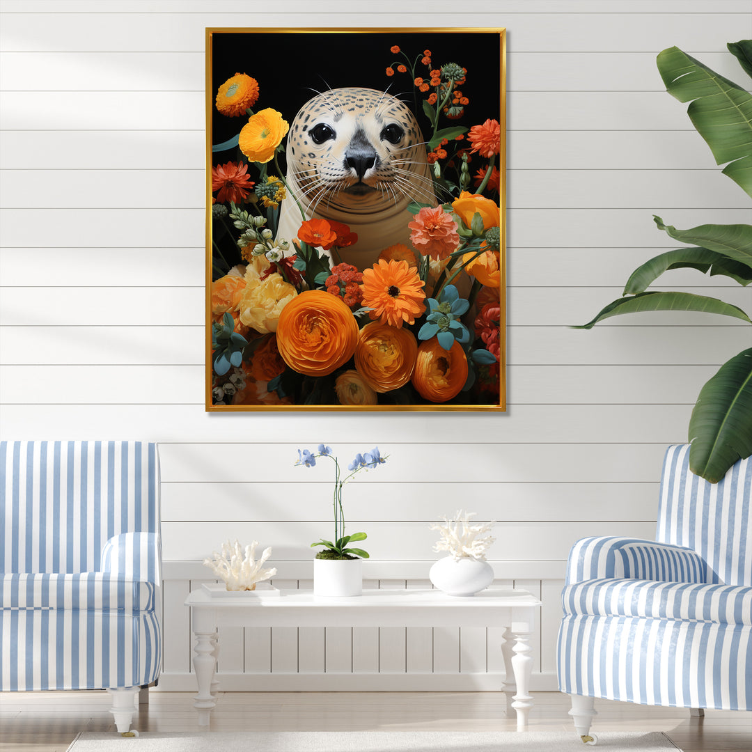 Colorful floral Harbor Seal blooms - Coastal Animal Wall Art Prints
