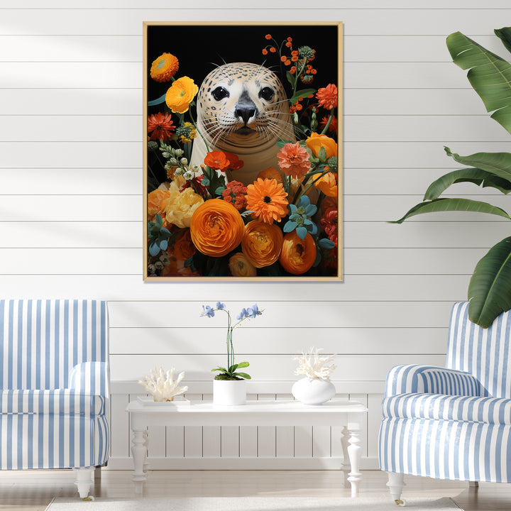 Colorful floral Harbor Seal blooms - Coastal Animal Wall Art Prints
