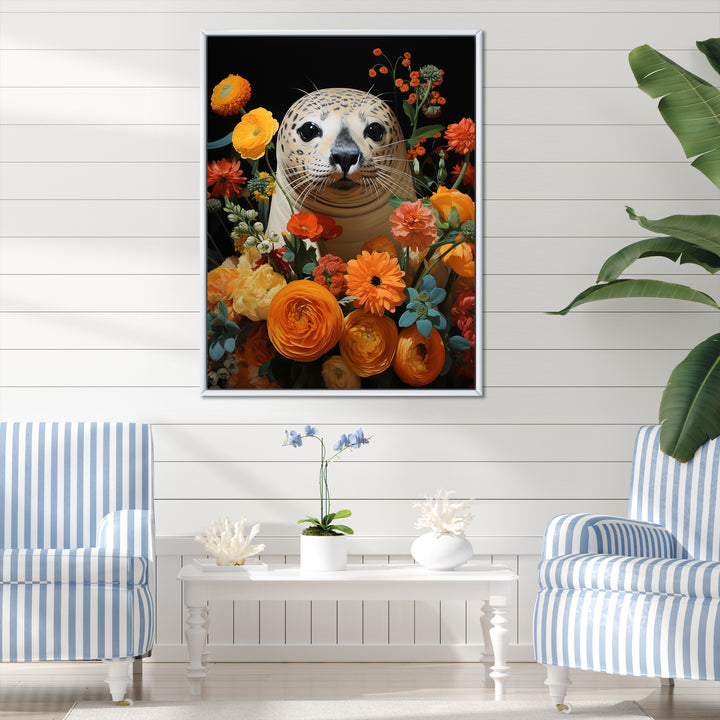 Colorful floral Harbor Seal blooms - Coastal Animal Wall Art Prints