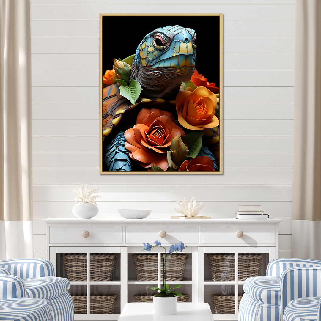 Floral Harbor turtle blooms - Coastal Animal Wall Art Prints