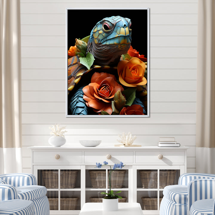 Floral Harbor turtle blooms - Coastal Animal Wall Art Prints