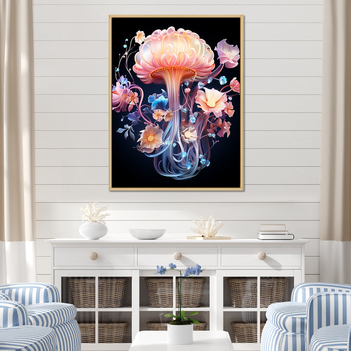 Pink and blue Jellyfish Drift - Coastal Animal Framed Canvas Art