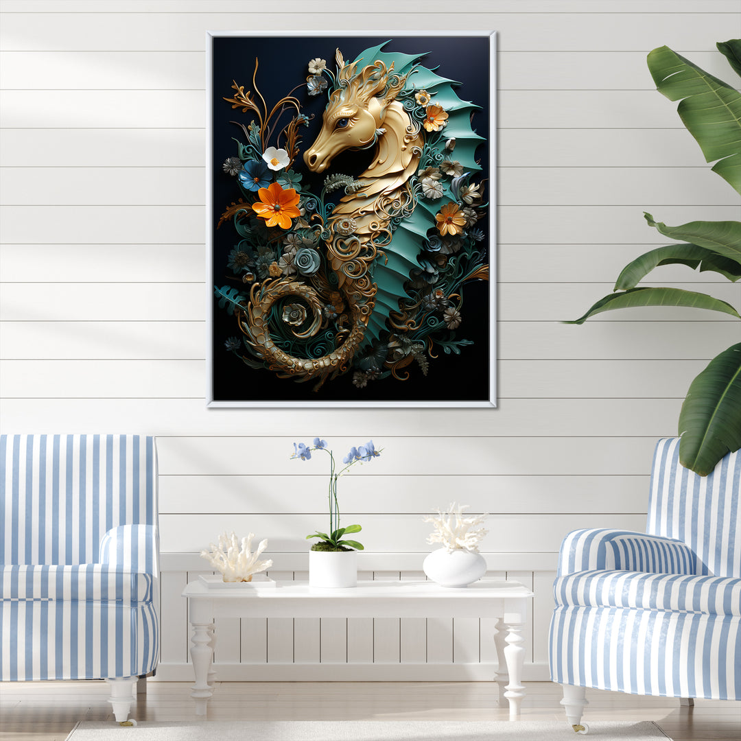 Gold and blue Seahorse Sanctuary - Coastal Animal Home Decor Art