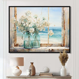 Blue window beachfront view blooms I - Coastal Canvas Wall Art