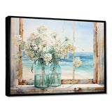 Blue window beachfront view blooms I - Coastal Canvas Wall Art