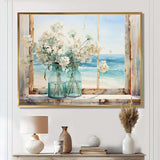 Blue window beachfront view blooms I - Coastal Canvas Wall Art