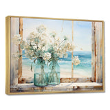 Blue window beachfront view blooms I - Coastal Canvas Wall Art