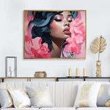 Pink and blue fashion woman floral portrait II - Fashion Canvas Wall Art