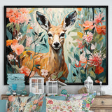 Pink and green deer blooms - Deer Large Canvas Wall Art