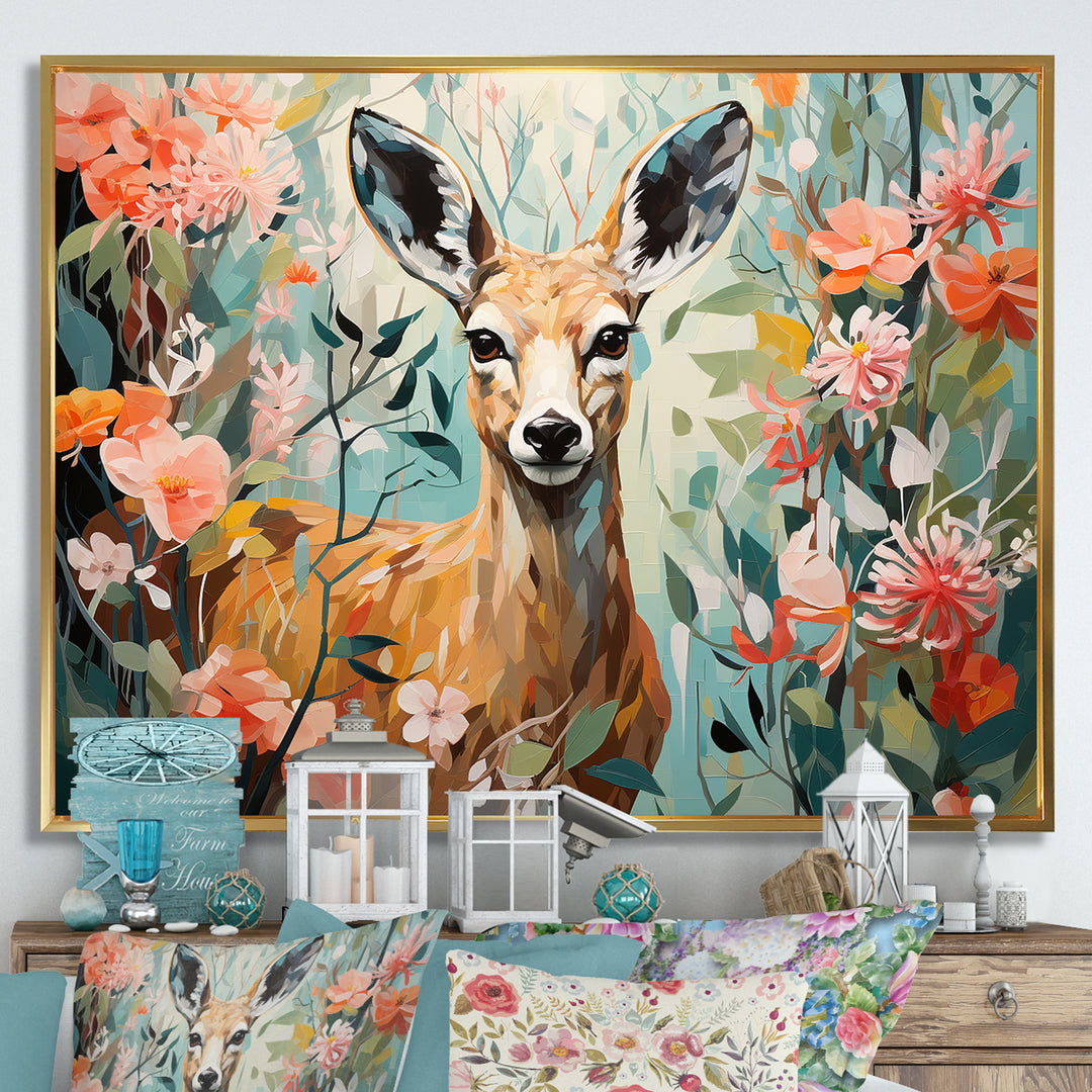 Pink and green deer blooms - Deer Large Canvas Wall Art