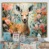 Pink and green deer blooms - Deer Large Canvas Wall Art