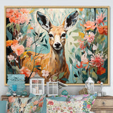 Pink and green deer blooms - Deer Large Canvas Wall Art