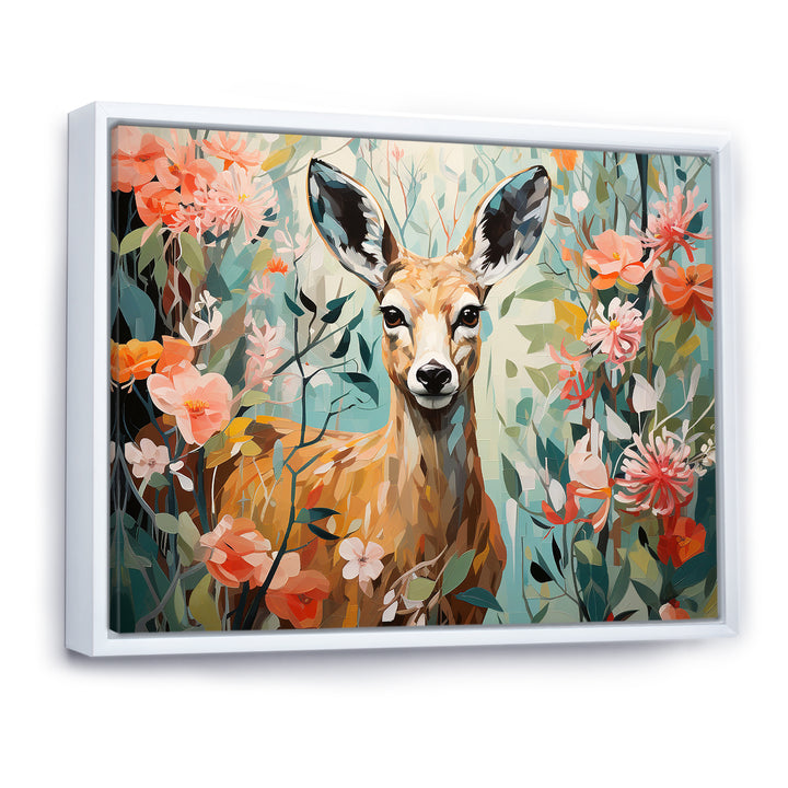 Pink and green deer blooms - Deer Large Canvas Wall Art