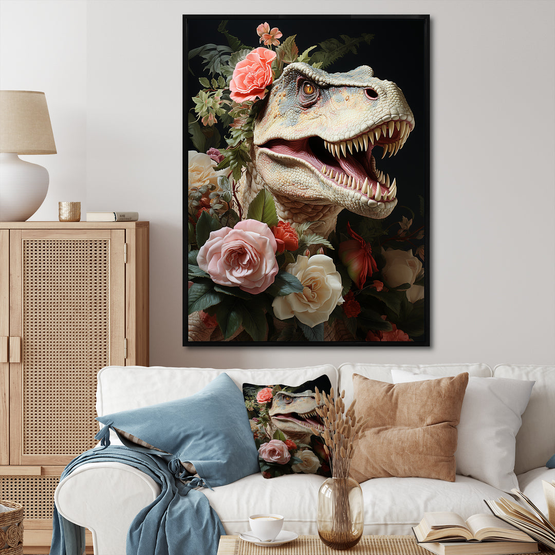 Floral Velociraptor jungle portrait - Dinosaur Wall Decor