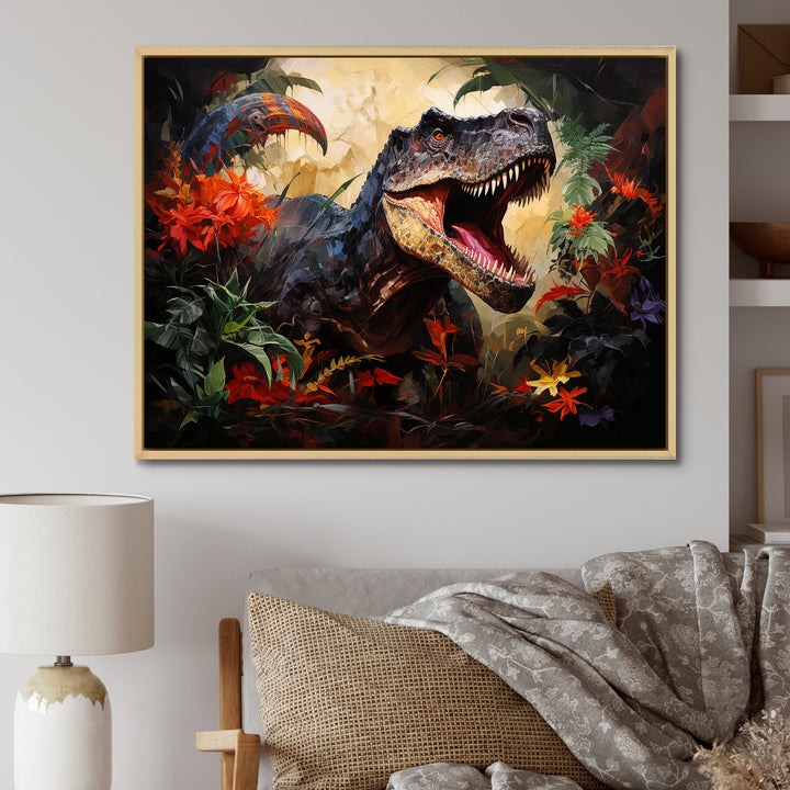 Floral Tyrannosaurus Dinosaur jungle portrait - Dinosaur Wall Decor